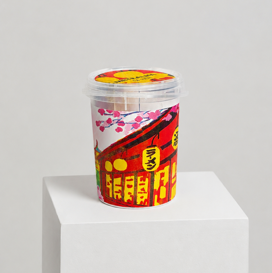 A clear plastic tub of Japanese kushiro (pickled plums) with a colorful red, yellow, and pink label, displayed on a white pedestal against a light gray background.