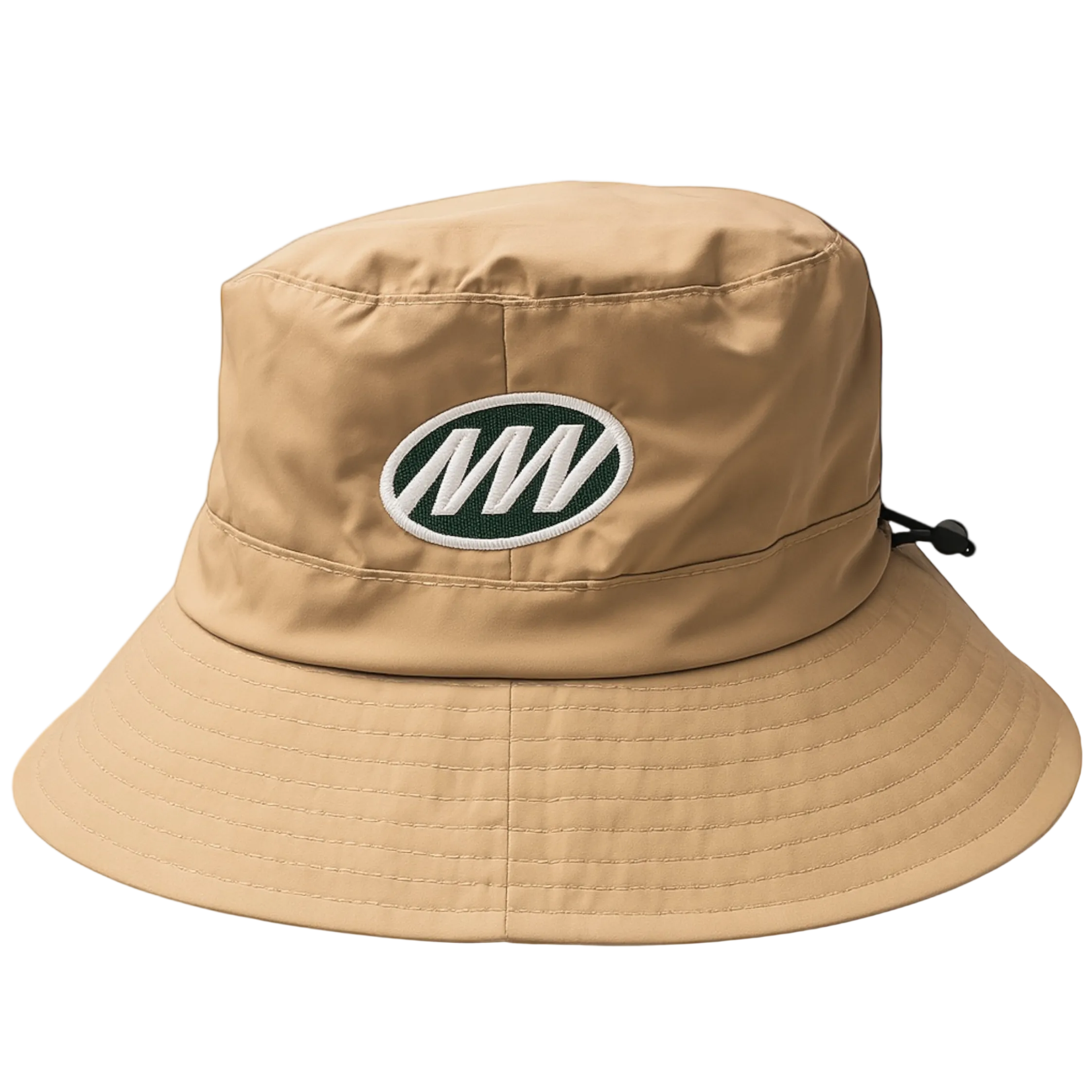 Beige bucket hat with a logo on a gray background