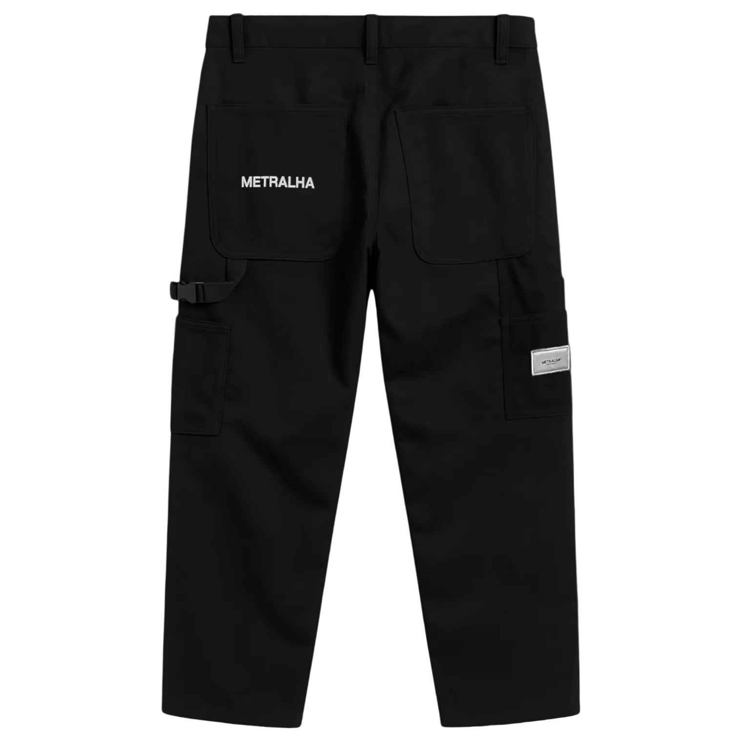 Black cargo pants with 'METRALHA' branding on a gray background