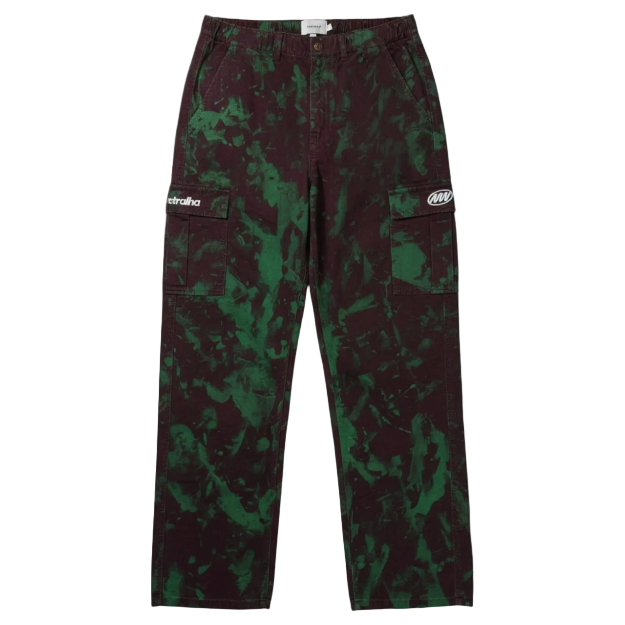 Camouflage pants with brand logos on a gray background
