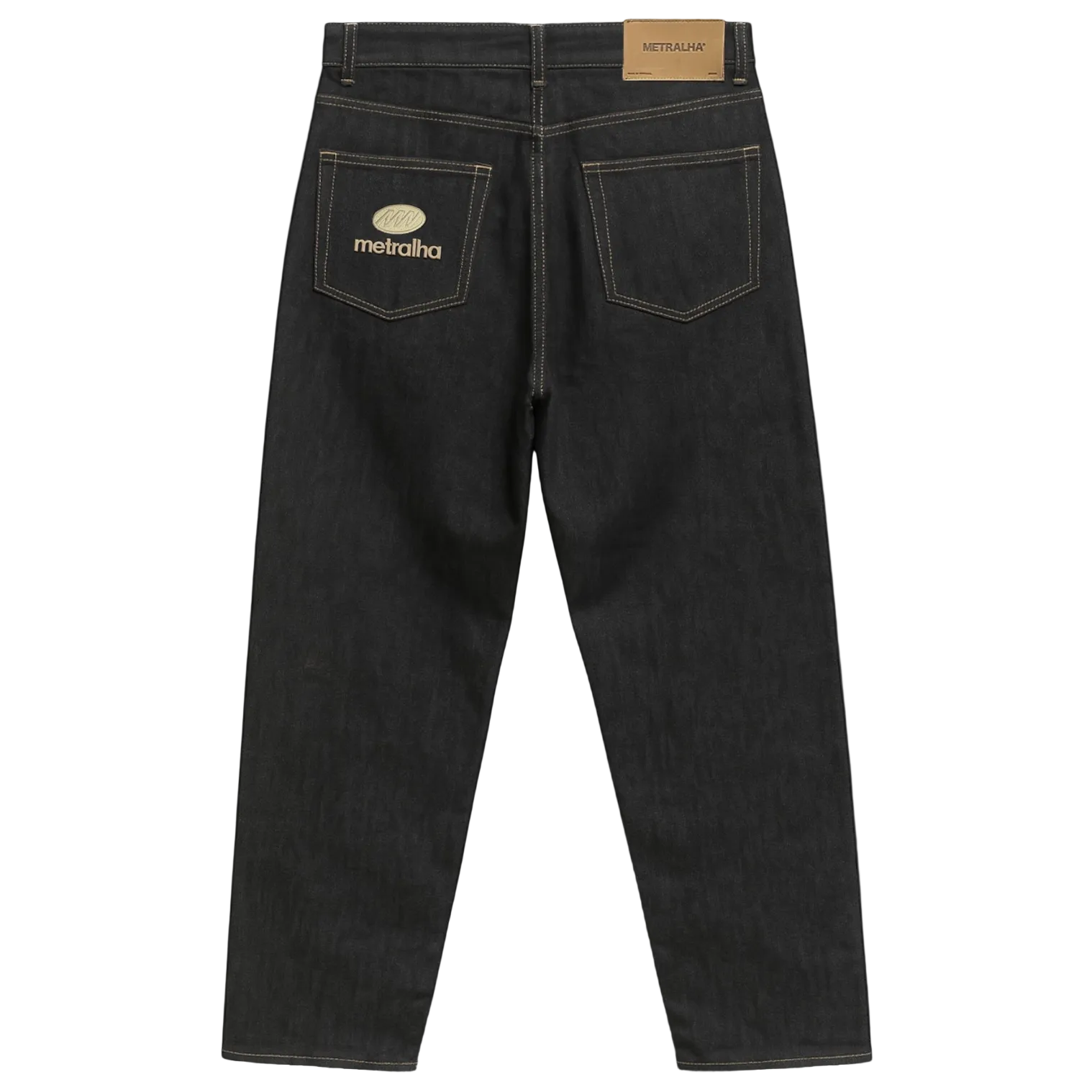 Black denim jeans with a brand logo on the back pocket against a gray background