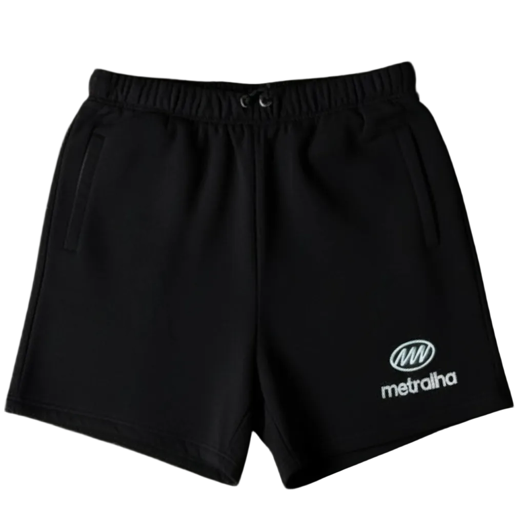 Black shorts with a brand logo on a gray background