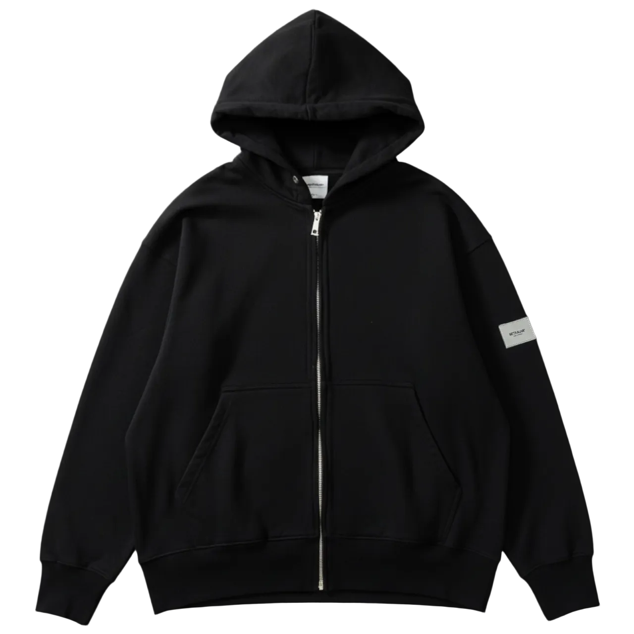 Black hoodie with a zipper on a dark gray background