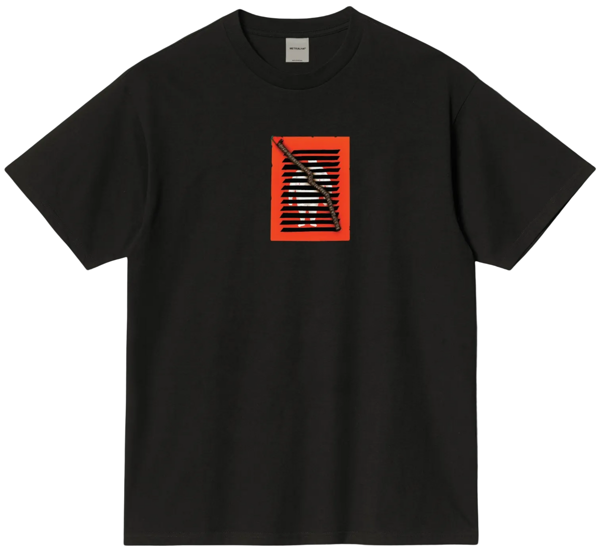 Black t-shirt with a red and orange graphic design on a dark background