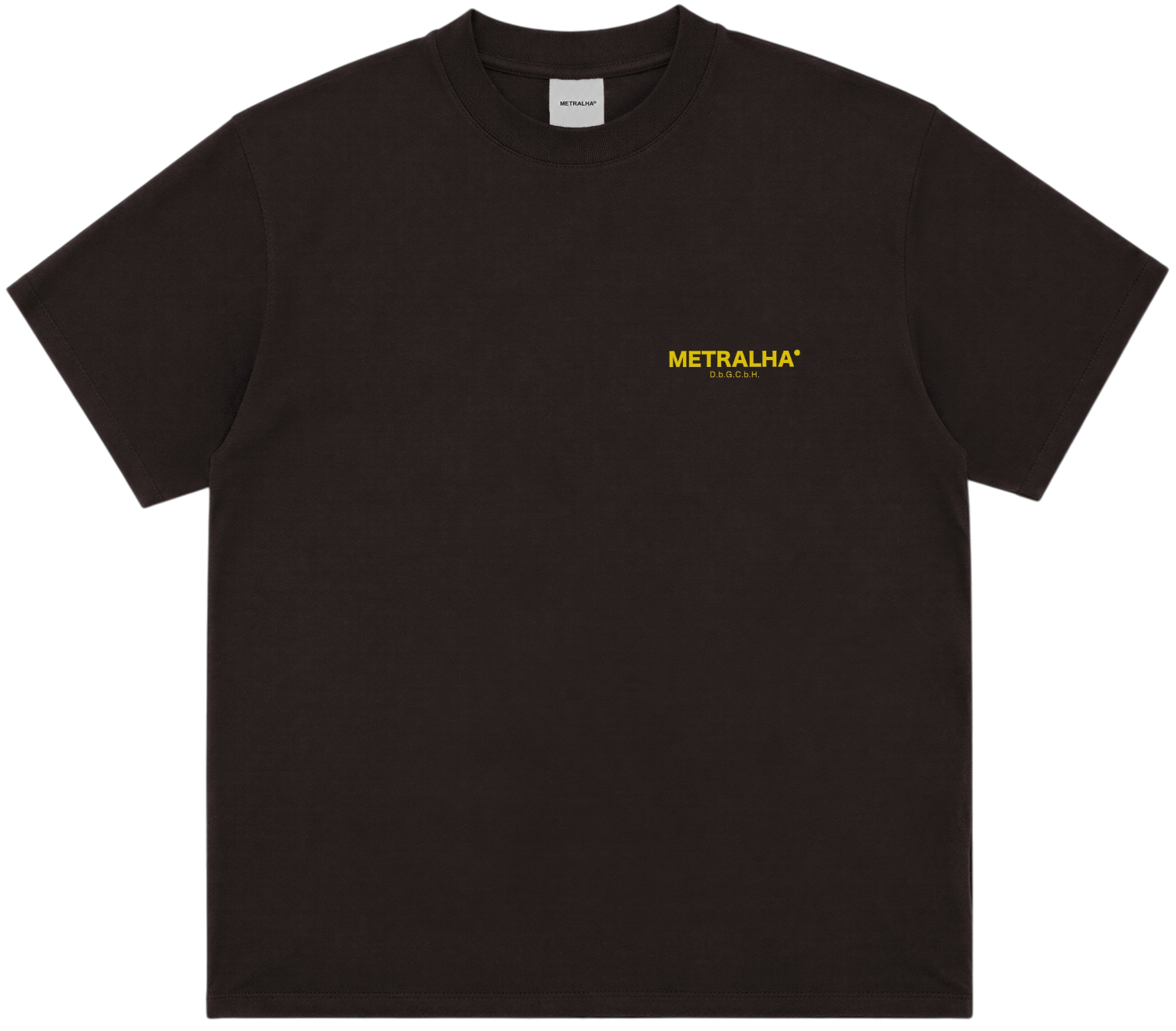 A dark brown short-sleeve crewneck t-shirt with a small yellow 'METRALHA' logo printed on the left chest, displayed flat against a solid white background.
