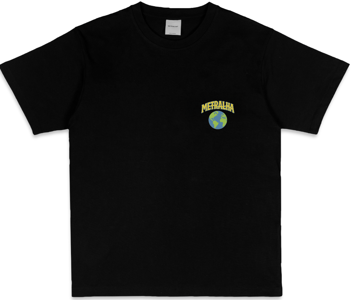 Black t-shirt with a logo and text on a white background
