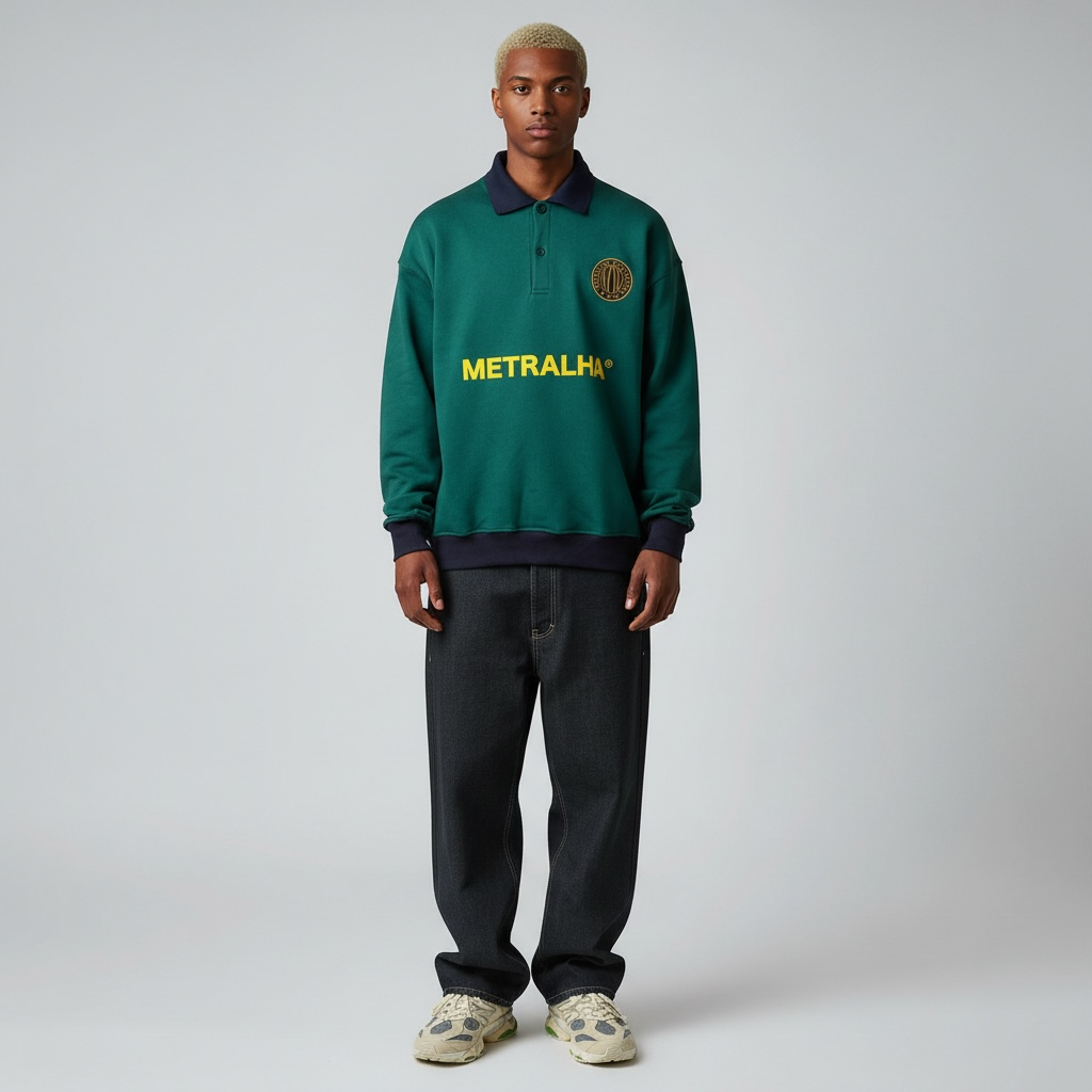 Person wearing a green sweatshirt with 'METRALHA' branding on a plain background