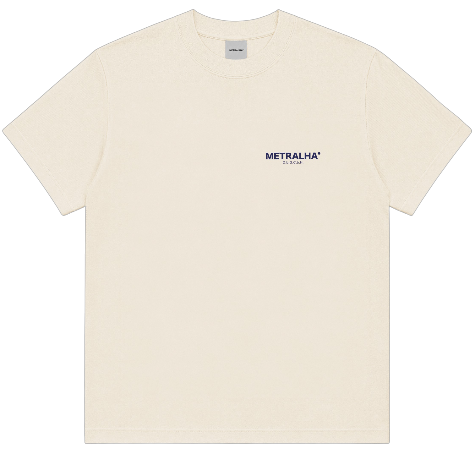 An off-white crewneck t-shirt with 'METRALHA' printed in navy blue on the left chest, displayed flat against a white background.
