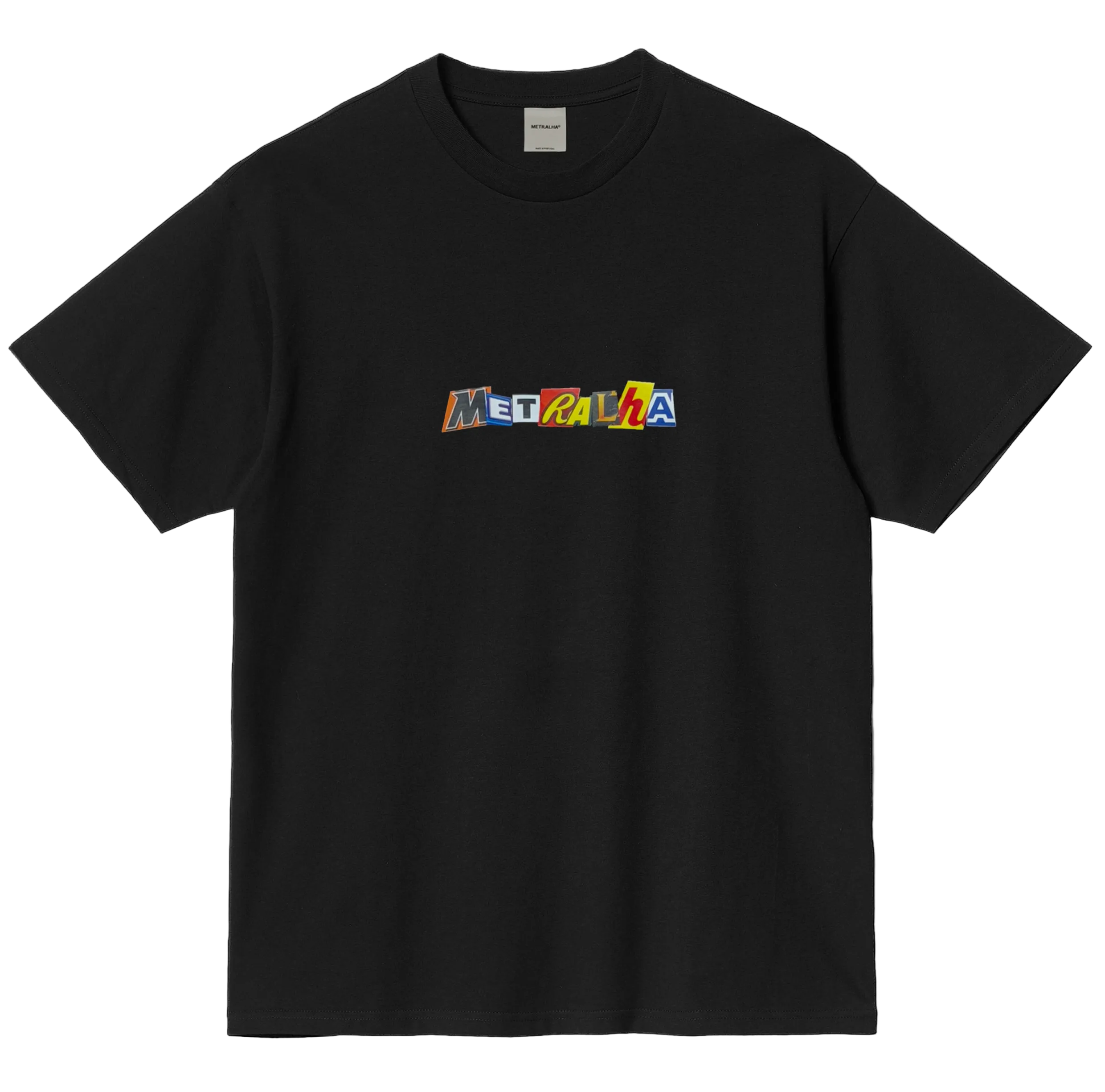 Black t-shirt with colorful 'METRILHA' logo on a dark background