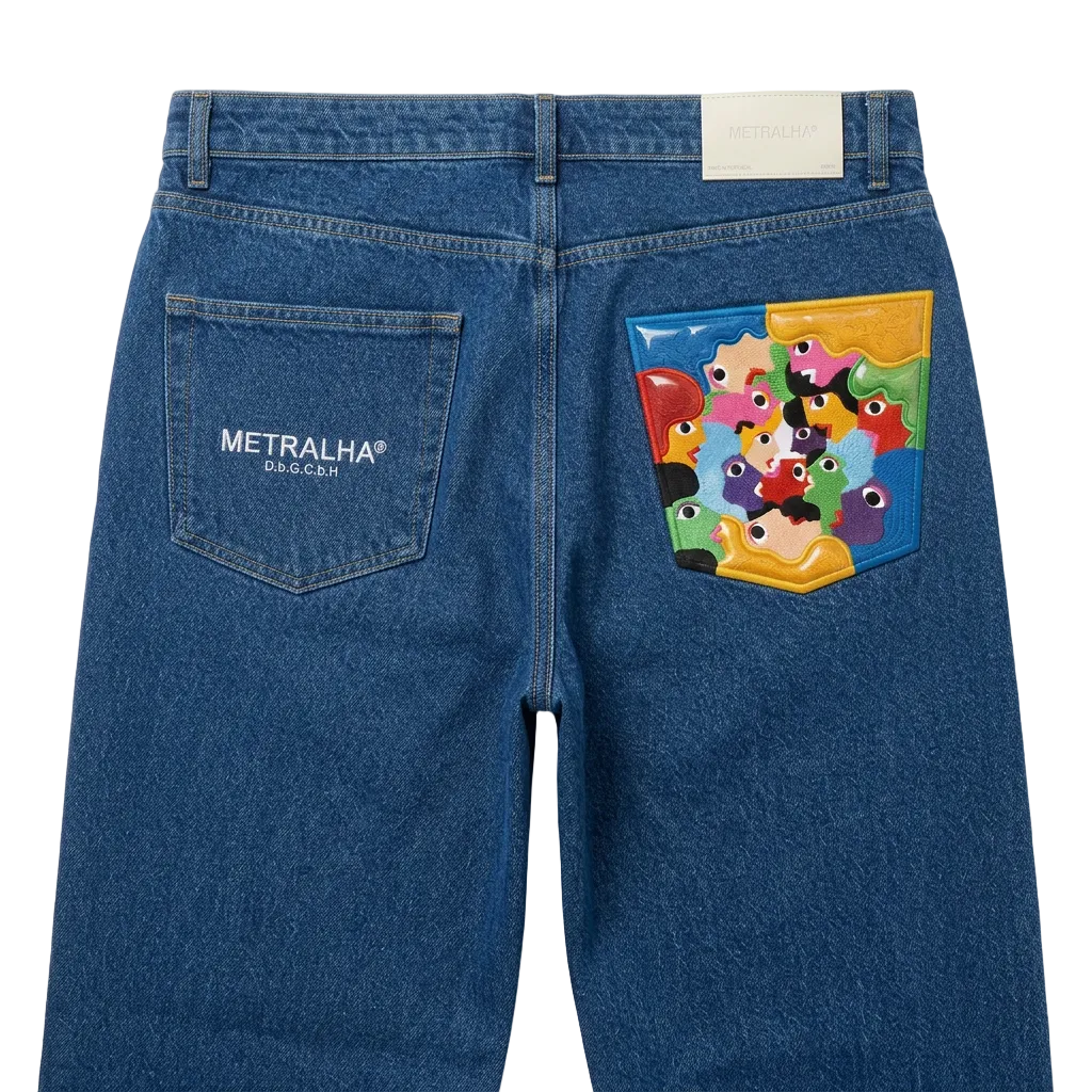 Blue denim jeans with a colorful patch and visible brand logo on a white background