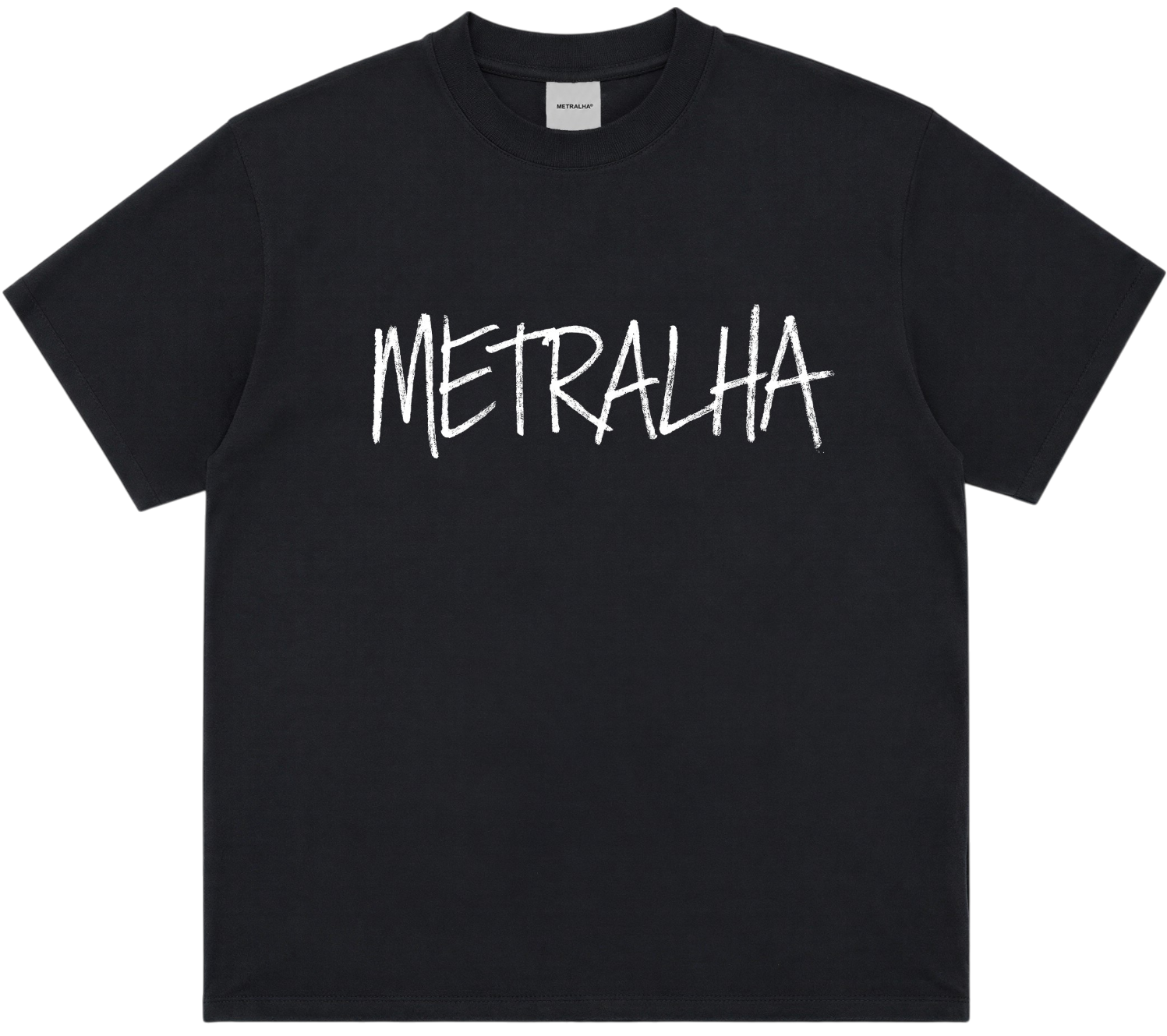 A black short-sleeve crewneck t-shirt with the word 'METRALHA' printed across the chest in a white, hand-drawn brushstroke font, shown against a plain white background.