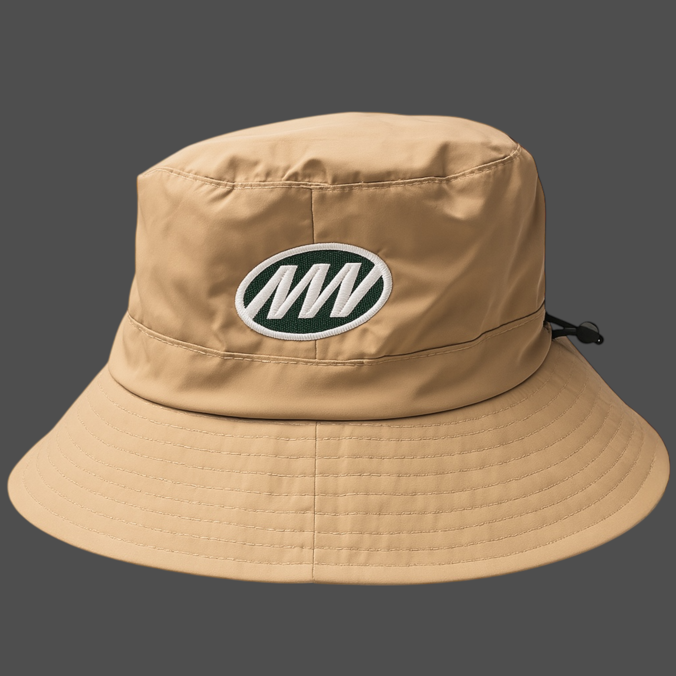Beige bucket hat with a logo on a gray background
