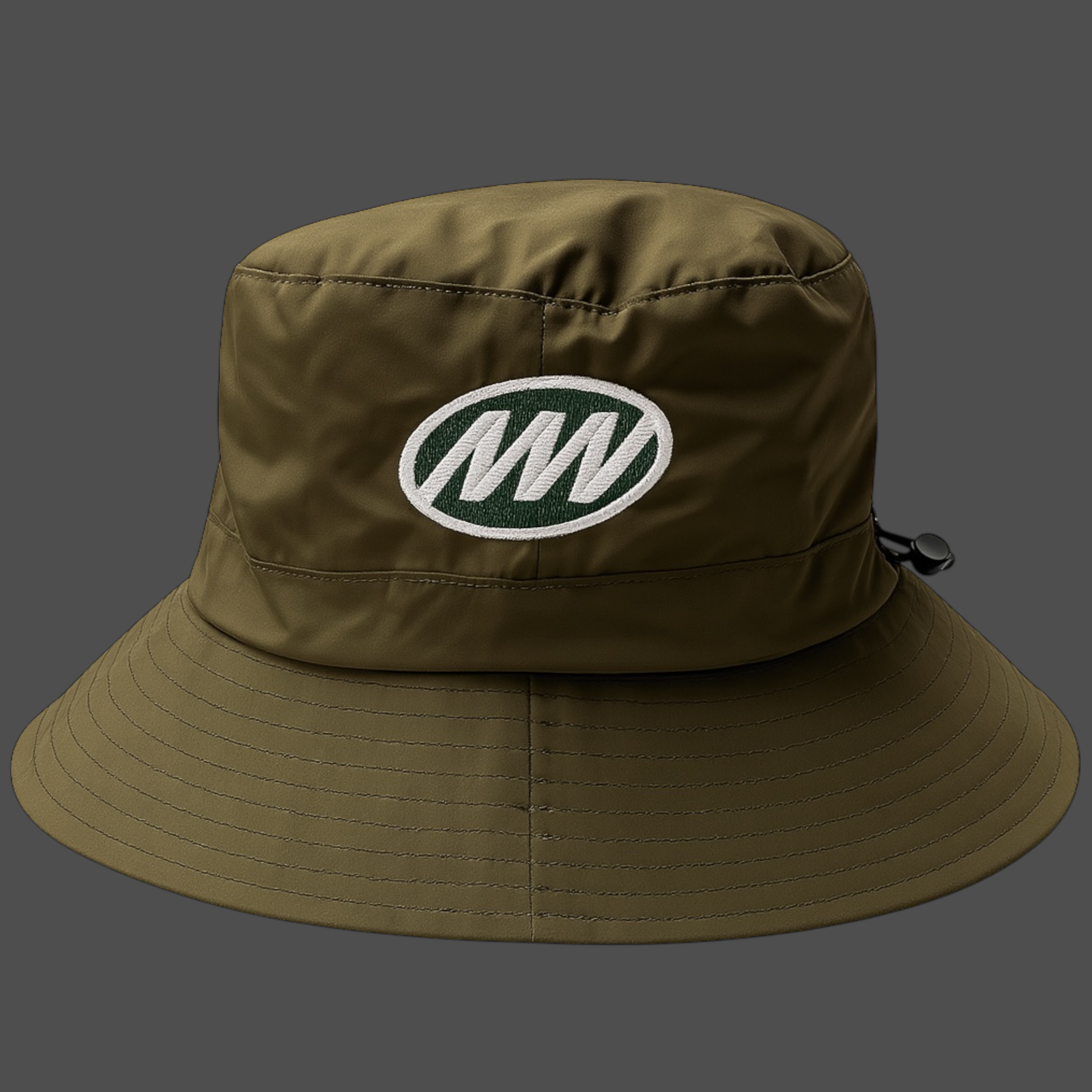 Green bucket hat with a logo on a gray background