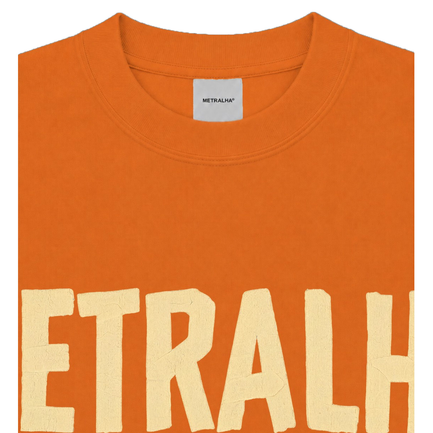 Close-up of an orange crewneck t-shirt with a large cream-colored graphic text 'ETRALH' across the front and a white neck label reading 'METRALUT'.