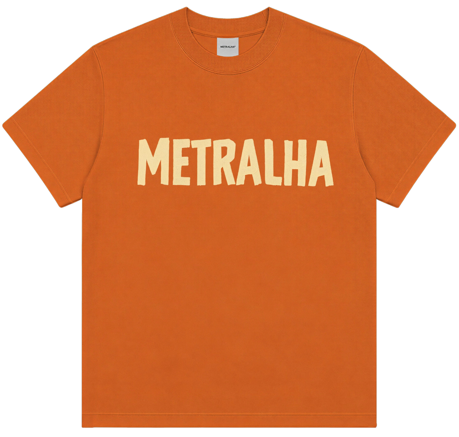 An orange crewneck t-shirt with the word 'METRALHA' printed across the chest in a bold, cream-colored font, displayed on a solid white background.