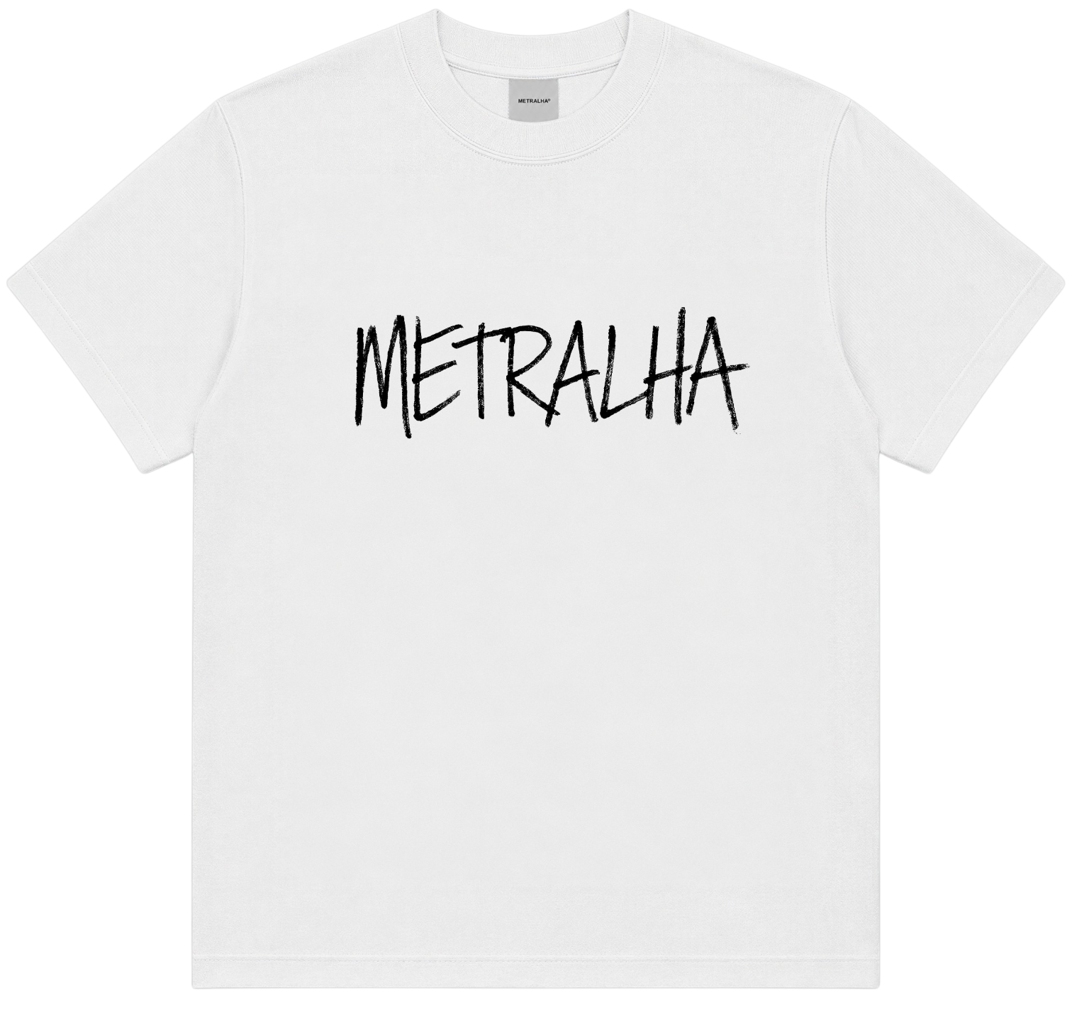 A white short-sleeve crewneck t-shirt with the word 'METRALHA' printed across the chest in a black brush-stroke style font, shown against a plain white background.