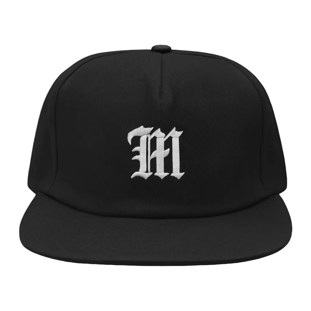 Black cap with white logo on a dark gray background