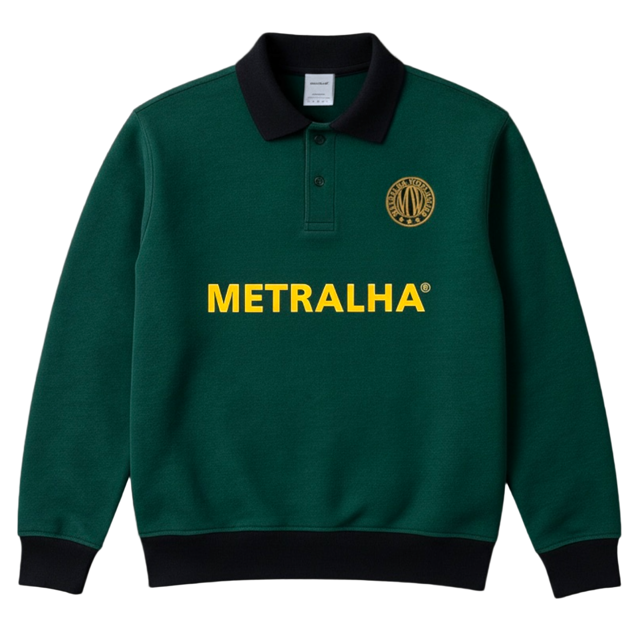 Green sweater with yellow 'METRALHA' text and logo on a gray background