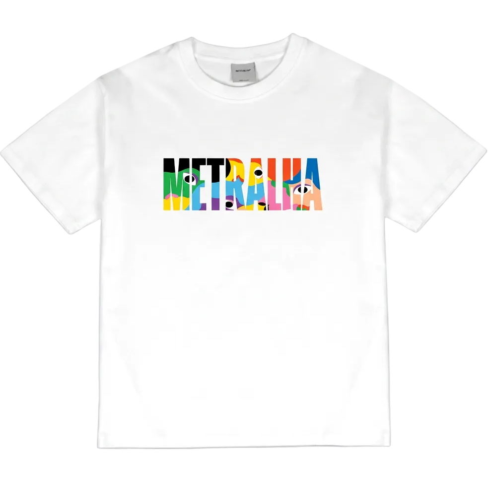 White t-shirt with colorful text design on a white background