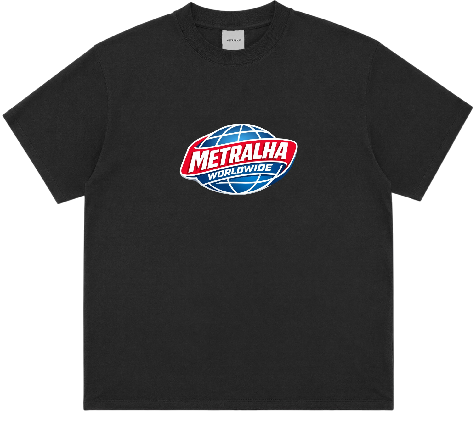 A black short-sleeve crewneck t-shirt featuring a 'METRALHA WORLDWIDE' graphic on the chest, displayed against a solid white background.