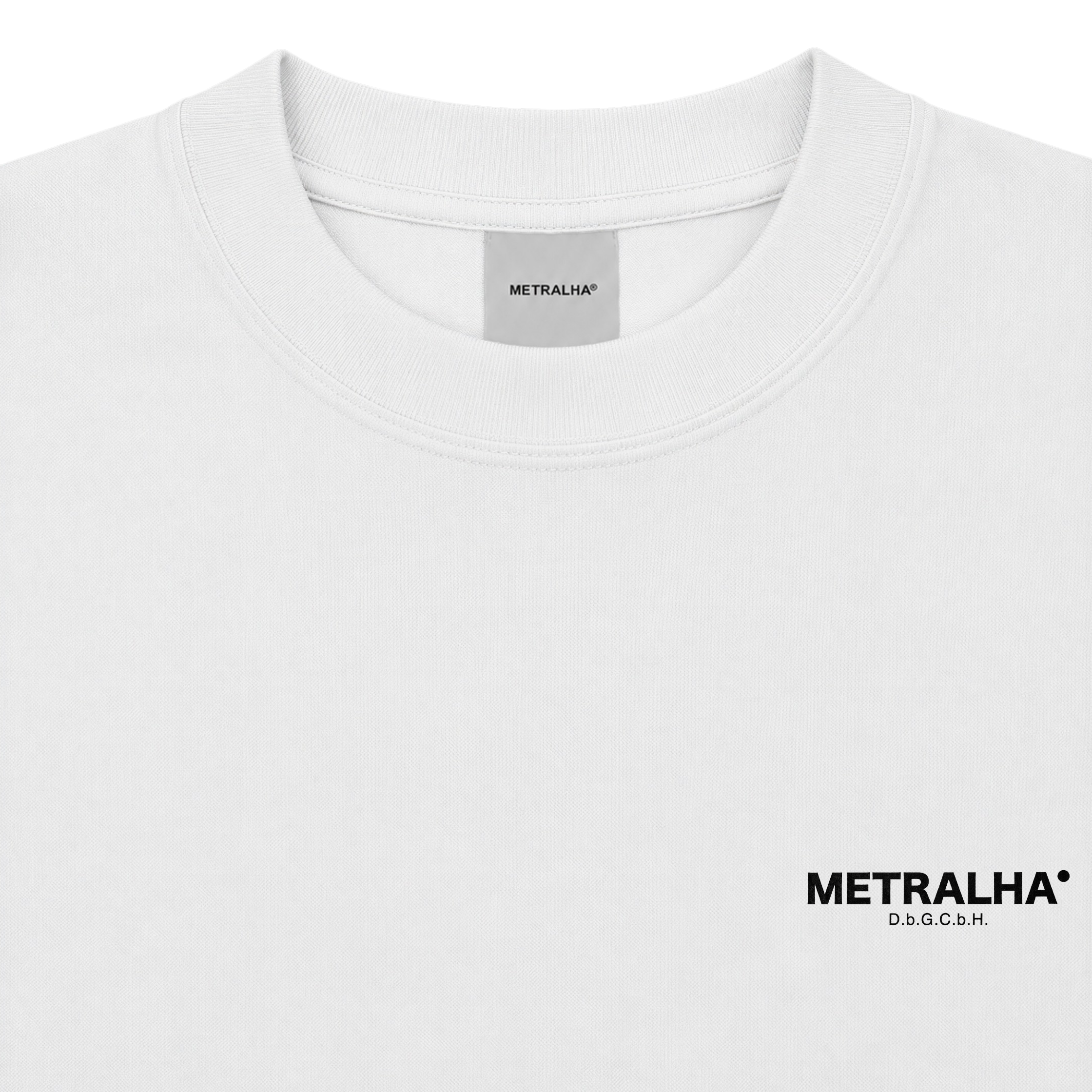 White crewneck sweatshirt with a black METRALHA D&G.COM logo printed on the left chest, shown against a plain white background.