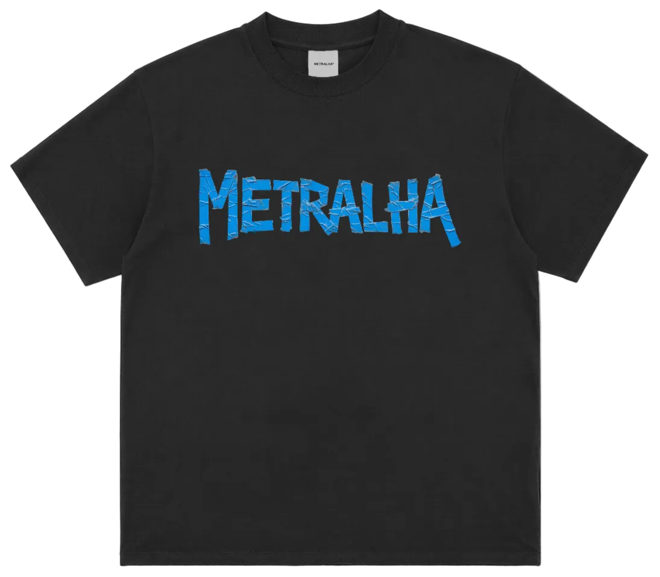 A black short-sleeve crewneck t-shirt featuring the word 'METRALHA' printed across the chest in a bright blue, stylized font, shown against a light gray background.