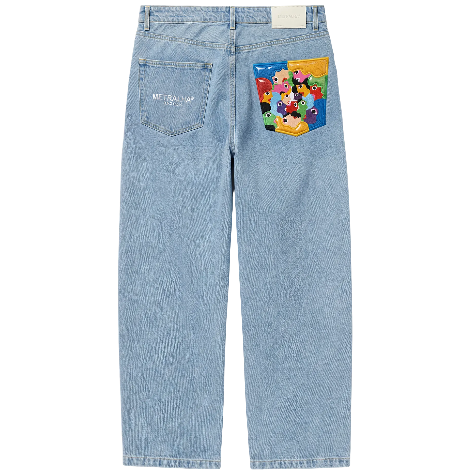 Light blue jeans with colorful pocket design on a white background