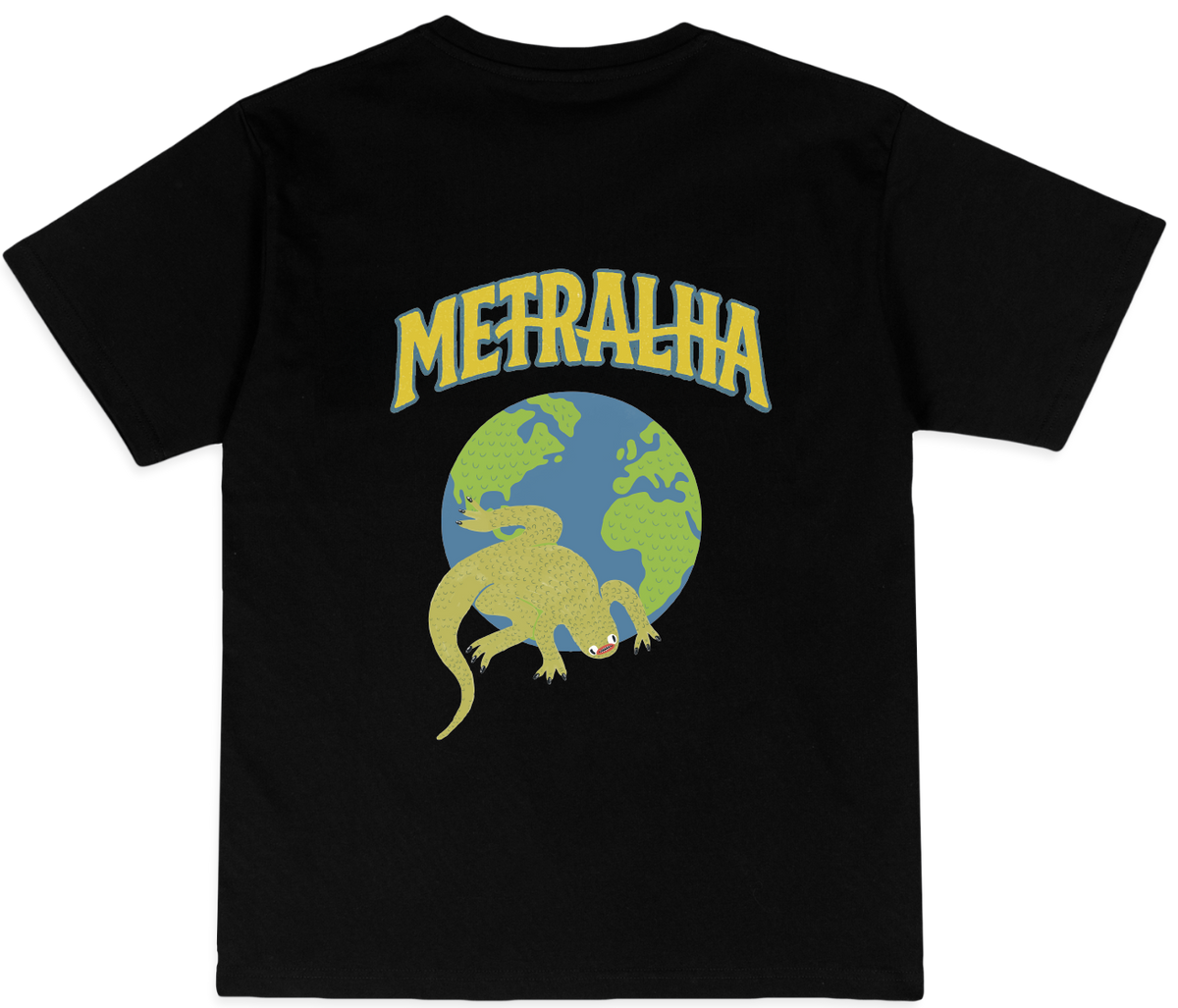 Black t-shirt with 'Meralha' logo featuring a dinosaur and Earth graphic on a white background