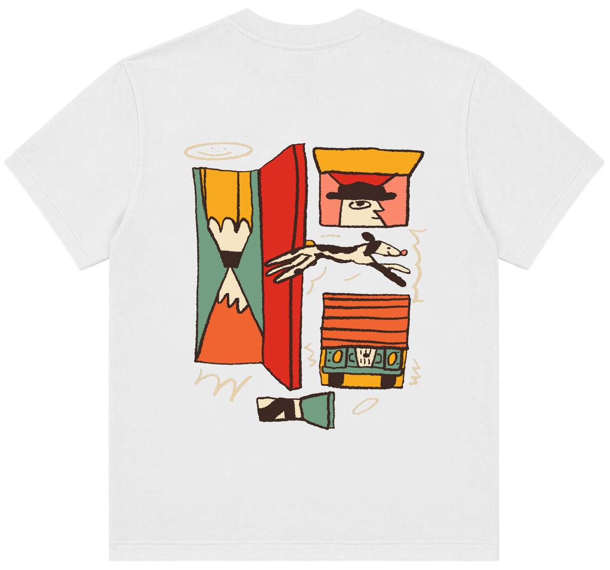 A white short-sleeve crewneck t-shirt featuring a colorful graphic print on the front. The graphic is a surreal, hand-drawn style illustration containing geometric shapes, a face, a dog, and the word 'JACK DO'.