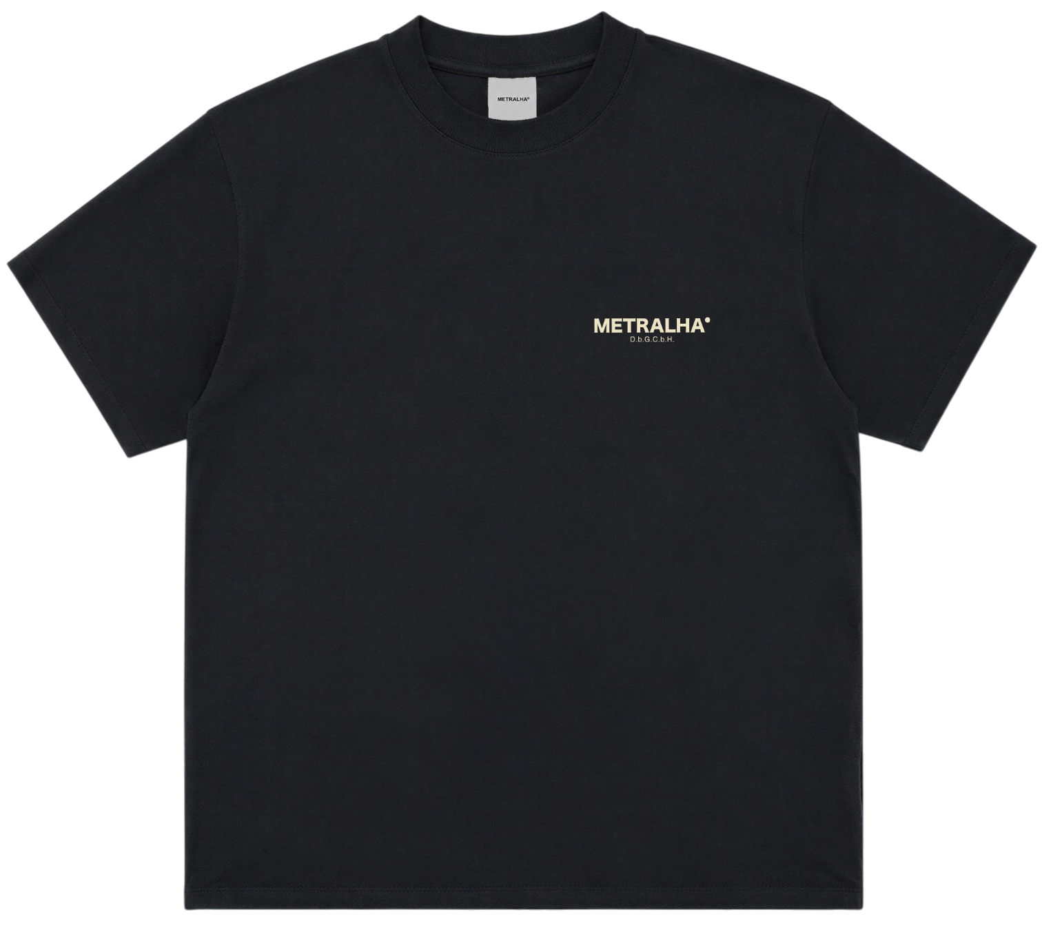 A black short-sleeve crewneck t-shirt with 'METRALHA' printed in gold on the left chest, displayed flat against a solid white background.